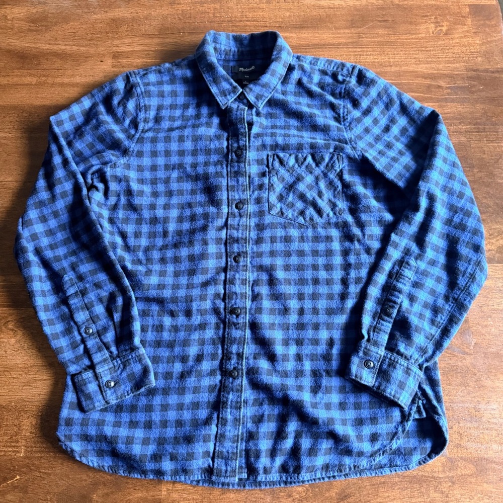 Madewell Mens Slim Fit Flannel Shirt Blue Black Buffalo Checkered Plaid Size L
